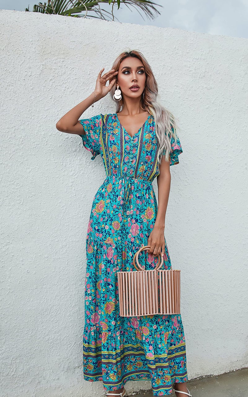 R.Vivimos Womens Summer Floral Print Cotton Short Sleeve Flowy Dress (XL, Green) - Image 3